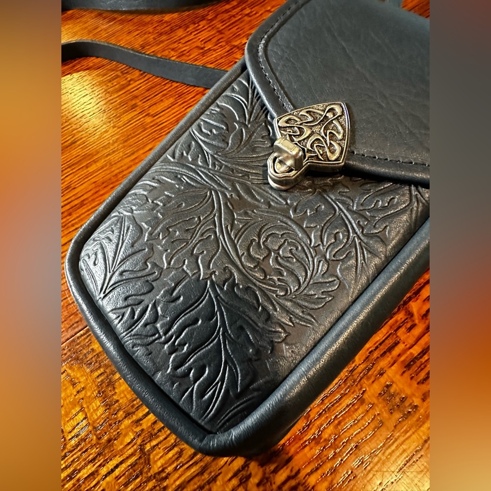 Oberon Design Leather Molly Cell Phone Handbag, Embossed Acanthus Leaf Navy - Picture 11 of 12